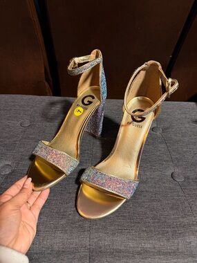 G by Guess Gold Multicolor Glitter Ankle-Strap Block Heels